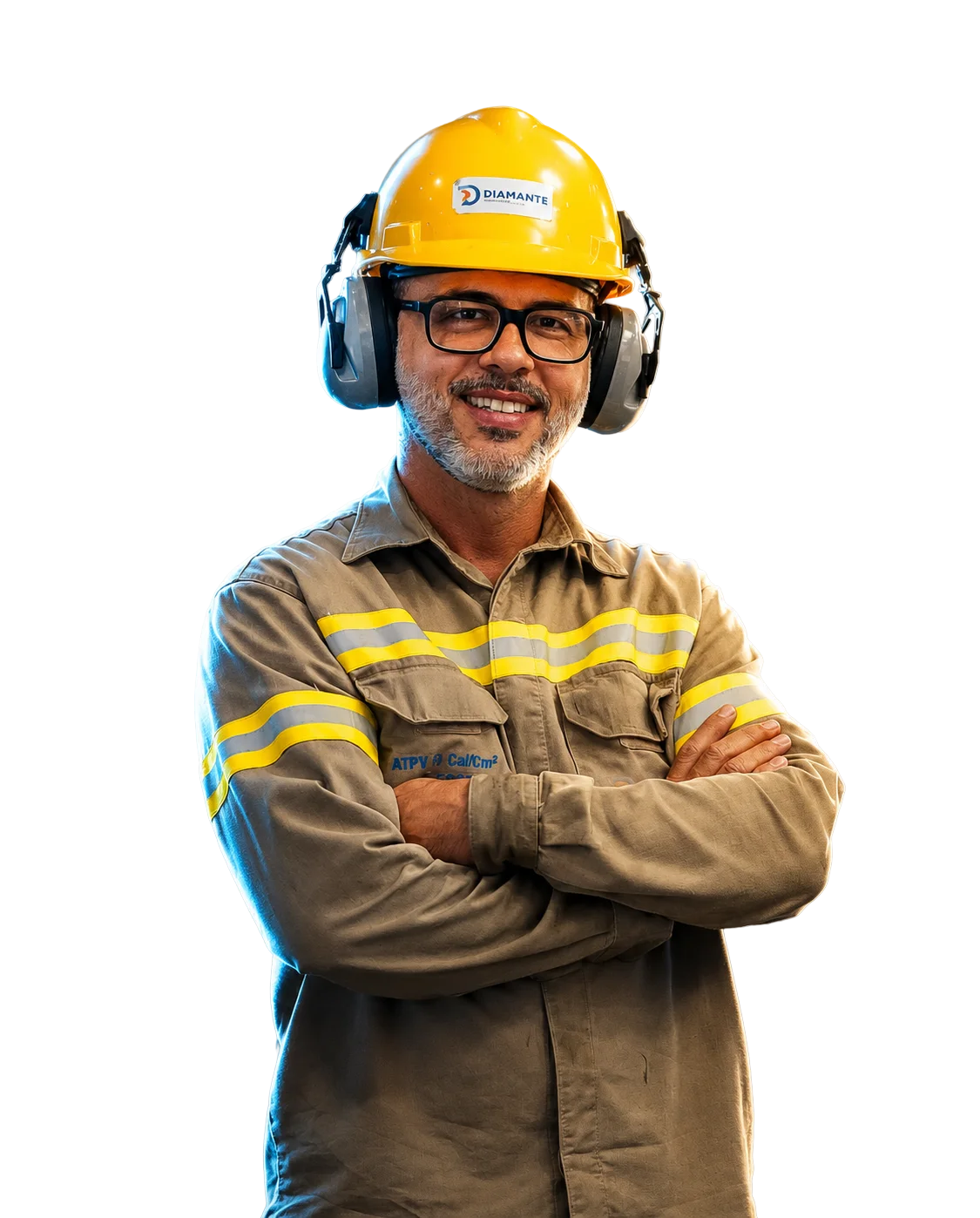 Trainee da Diamante Energia com capacete e equipamentos de segurança